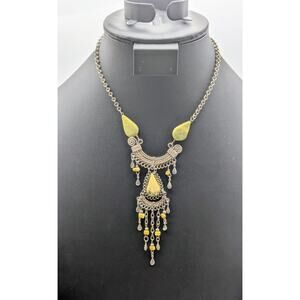 Vintage Green Semi-Precious Stone Silver Tone Hook Clasp Boho Dangle Necklace